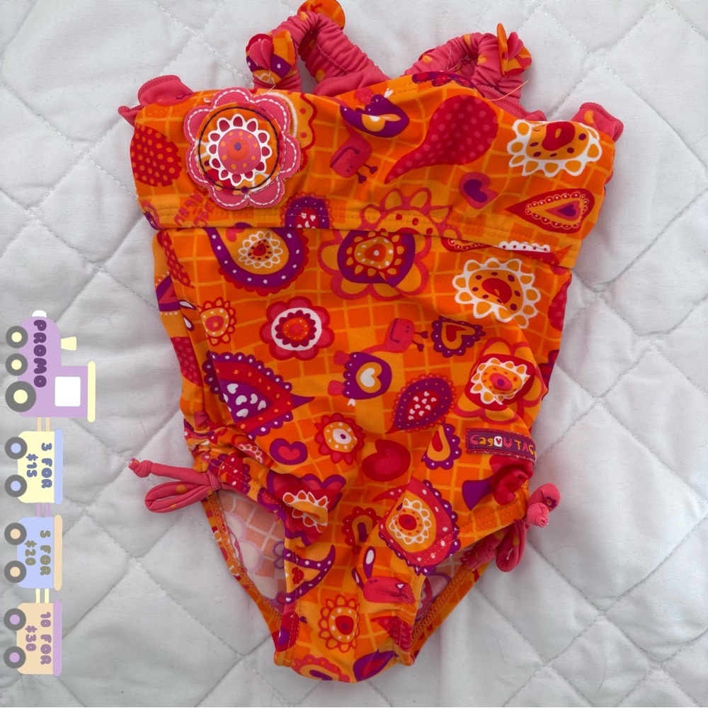 ⭒ 9M Gagou Tagou Colorful Floral Ruffle Swimsuit Orange Red Bow Crisscross ⭒